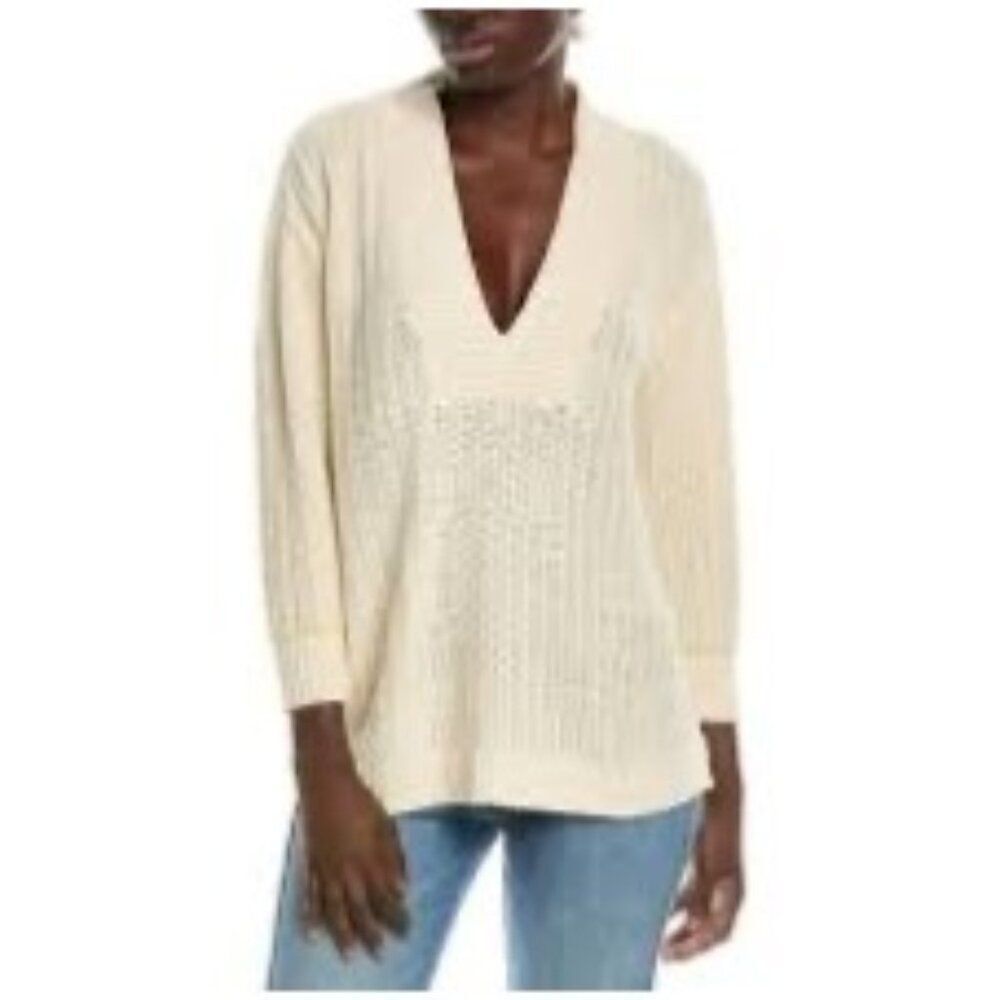 CAbi Croquet V-Neck Pullover‎ Sweater In Cream/Alabaster Color Size Large